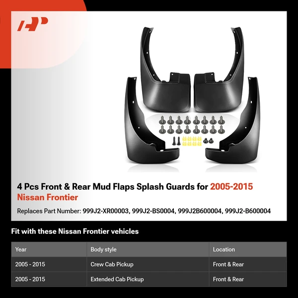 4 Pcs Front & Rear Mud Flaps Splash Guards for 2005-2015 Nissan Frontier