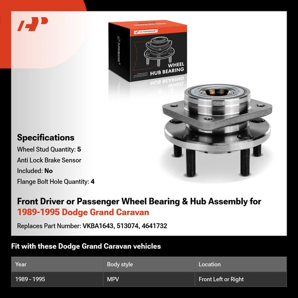 Front Driver or Passenger Wheel Bearing & Hub Assembly for 1989-1995 Dodge Grand Caravan