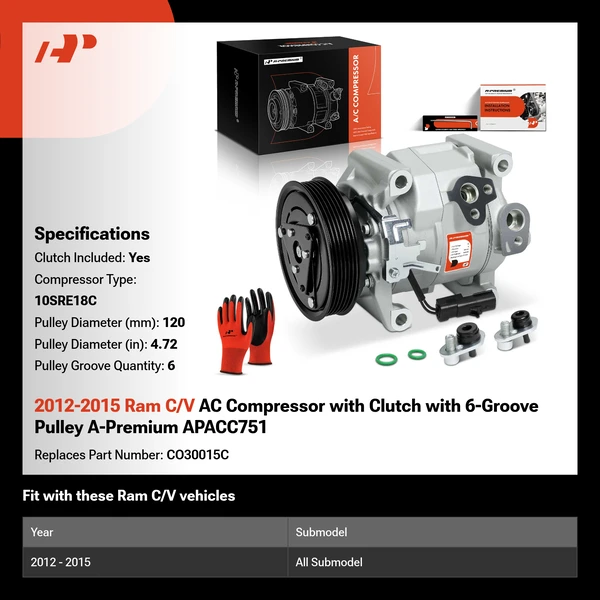 2012-2015 Ram C/V AC Compressor with Clutch with 6-Groove Pulley A-Premium APACC751