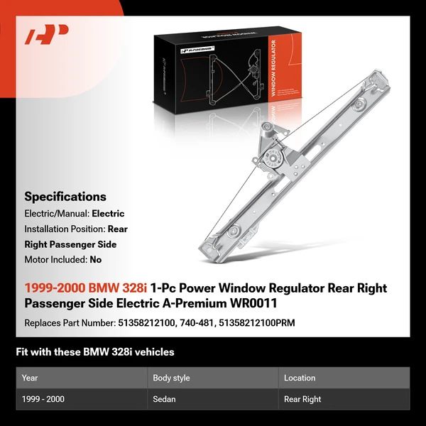 1999-2000 BMW 328i 1-Pc Power Window Regulator Rear Right Passenger Side Electric A-Premium WR0011