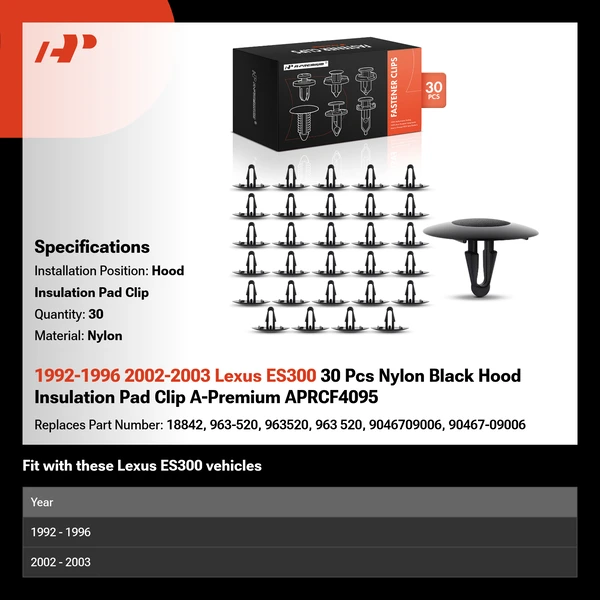 1992-1996 2002-2003 Lexus ES300 30 Pcs Nylon Black Hood Insulation Pad Clip A-Premium APRCF4095