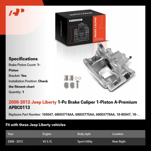 2008-2012 Jeep Liberty 1-Pc Brake Caliper 1-Piston A-Premium APBC0113
