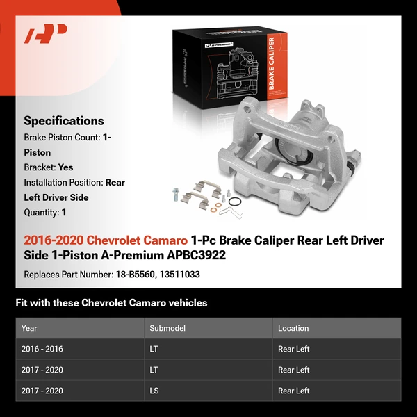 2016-2020 Chevrolet Camaro 1-Pc Brake Caliper Rear Left Driver Side 1-Piston A-Premium APBC3922