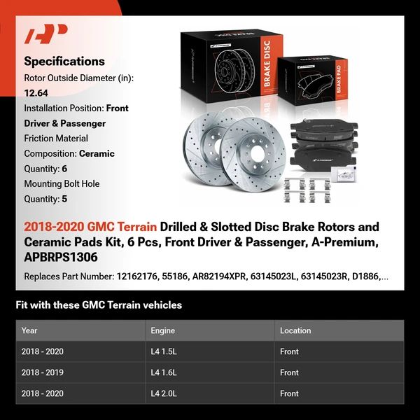 2018-2020 GMC Terrain Drilled & Slotted Disc Brake Rotors and Ceramic Pads Kit, 6 Pcs, Front Driver & Passenger, A-Premium, APBRPS1306