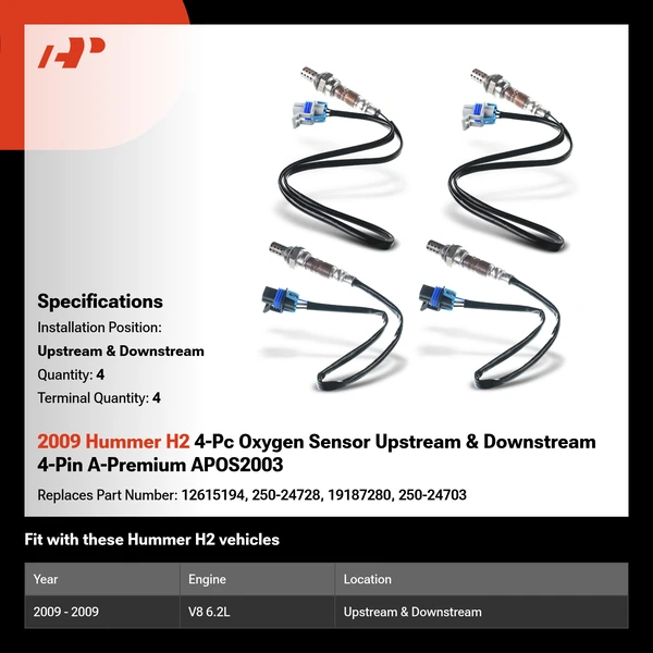 2009 Hummer H2 4-Pc Oxygen Sensor Upstream & Downstream 4-Pin A-Premium APOS2003