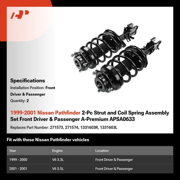 1999-2001 Nissan Pathfinder 2-Pc Strut and Coil Spring Assembly Set Front Driver & Passenger A-Premium APSA0633