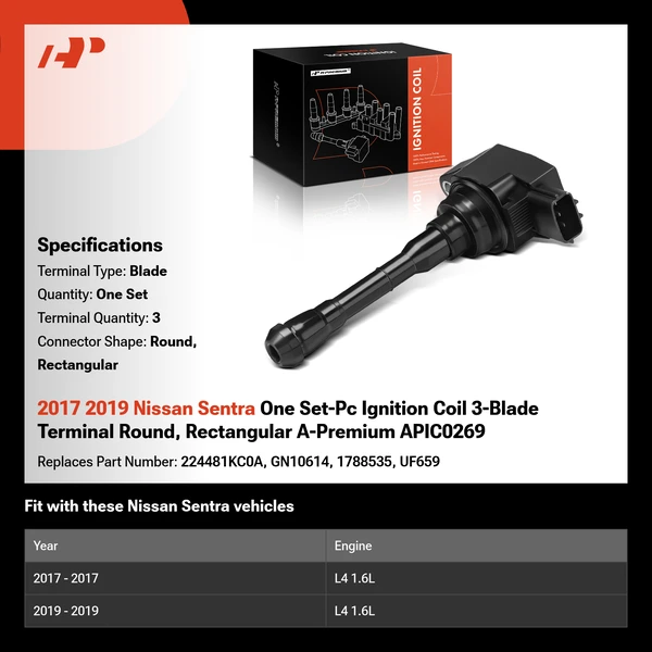 2017 2019 Nissan Sentra One Set-Pc Ignition Coil 3-Blade Terminal Round, Rectangular A-Premium APIC0269