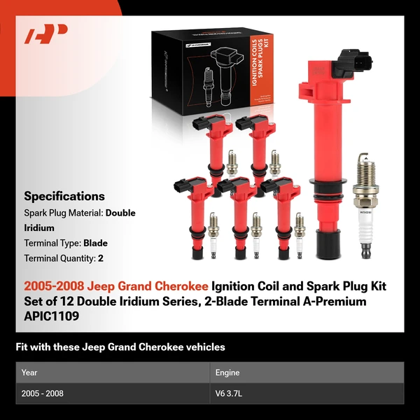 2005-2008 Jeep Grand Cherokee Ignition Coil and Spark Plug Kit Set of 12 Double Iridium Series, 2-Blade Terminal A-Premium APIC1109