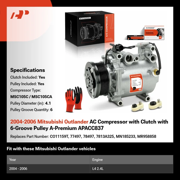 2004-2006 Mitsubishi Outlander AC Compressor with Clutch with 6-Groove Pulley A-Premium APACC837
