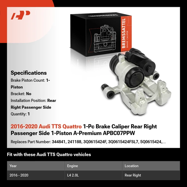 2016-2020 Audi TTS Quattro 1-Pc Brake Caliper Rear Right Passenger Side 1-Piston A-Premium APBC07PPW