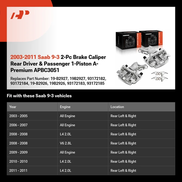 2003-2011 Saab 9-3 2-Pc Brake Caliper Rear Driver & Passenger 1-Piston A-Premium APBC3051