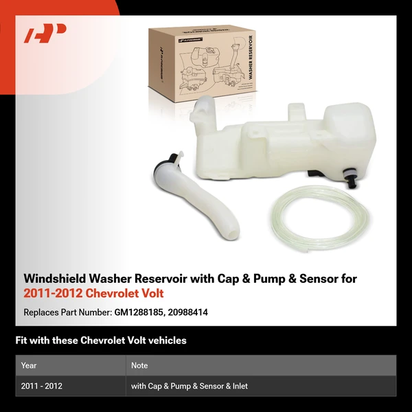 Windshield Washer Reservoir with Cap & Pump & Sensor for 2011-2012 Chevrolet Volt