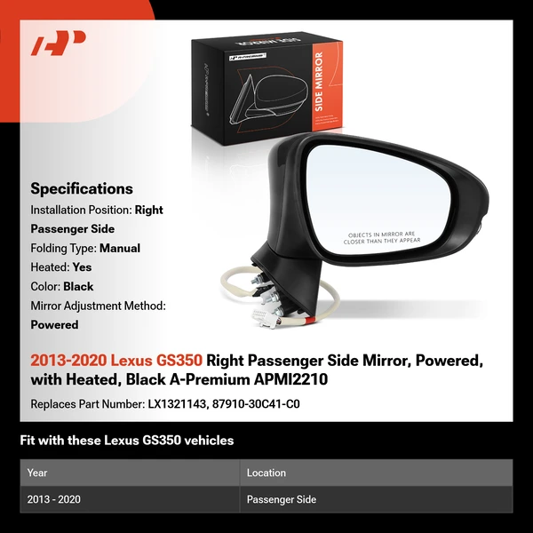 2013-2020 Lexus GS350 Right Passenger Side Mirror, Powered, with Heated, Black A-Premium APMI2210
