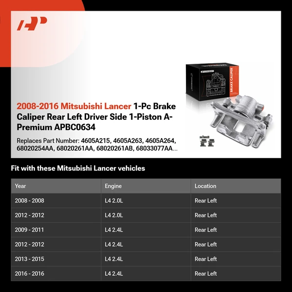 2008-2016 Mitsubishi Lancer 1-Pc Brake Caliper Rear Left Driver Side 1-Piston A-Premium APBC0634