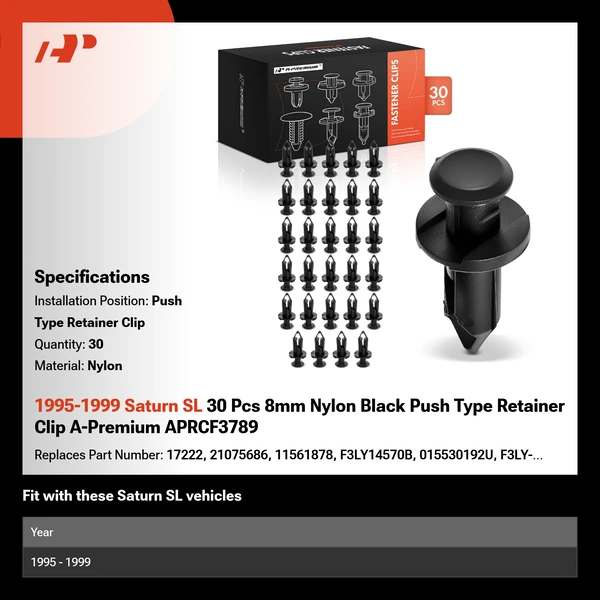 1995-1999 Saturn SL 30 Pcs 8mm Nylon Black Push Type Retainer Clip A-Premium APRCF3789
