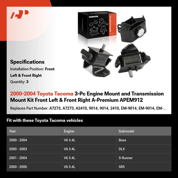 2000-2004 Toyota Tacoma 3-Pc Engine Mount and Transmission Mount Kit Front Left & Front Right A-Premium APEM912