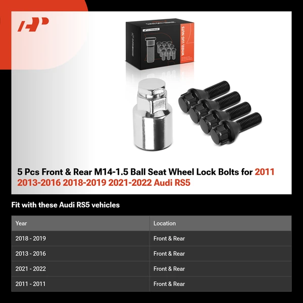 5 Pcs Front & Rear M14-1.5 Ball Seat Wheel Lock Bolts for 2011 2013-2016 2018-2019 2021-2022 Audi RS5