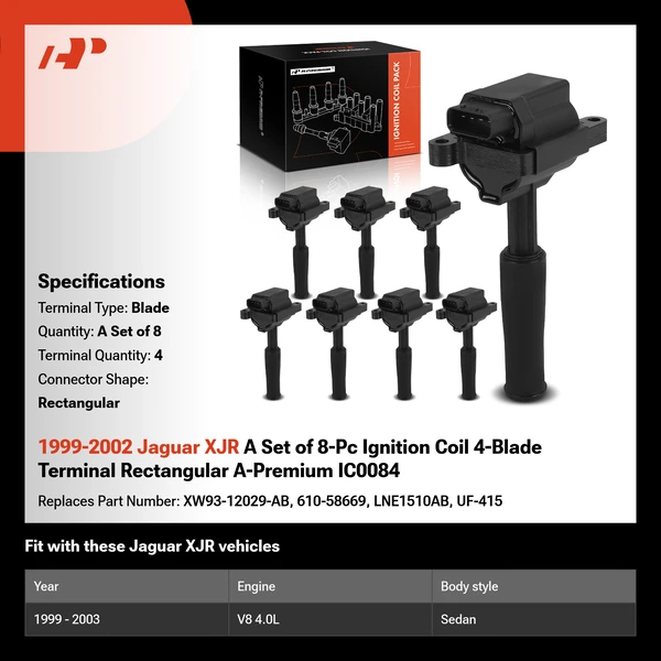 1999-2002 Jaguar XJR A Set of 8-Pc Ignition Coil 4-Blade Terminal Rectangular A-Premium IC0084