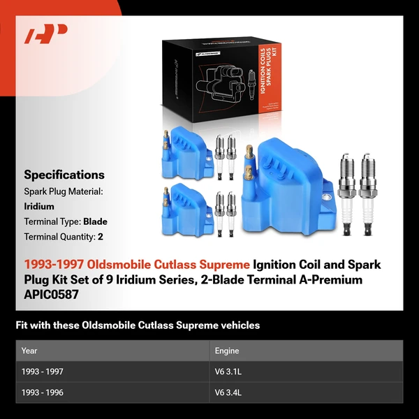 1993-1997 Oldsmobile Cutlass Supreme Ignition Coil and Spark Plug Kit Set of 9 Iridium Series, 2-Blade Terminal A-Premium APIC0587