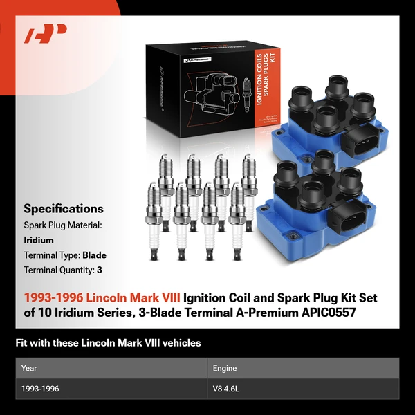 1993-1996 Lincoln Mark VIII Ignition Coil and Spark Plug Kit Set of 10 Iridium Series, 3-Blade Terminal A-Premium APIC0557