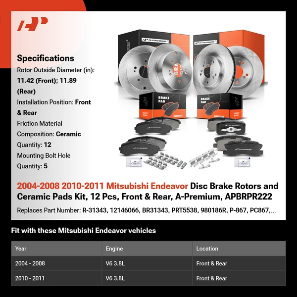 2004-2008 2010-2011 Mitsubishi Endeavor Disc Brake Rotors and Ceramic Pads Kit, 12 Pcs, Front & Rear, A-Premium, APBRPR222