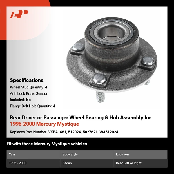 Rear Driver or Passenger Wheel Bearing & Hub Assembly for 1995-2000 Mercury Mystique