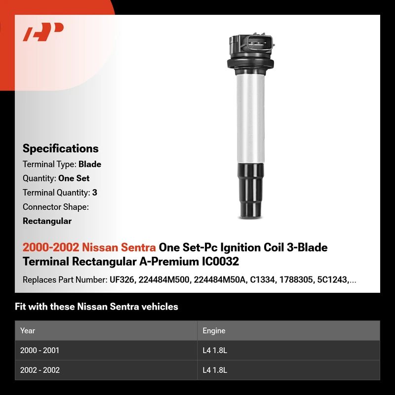 2000-2002 Nissan Sentra One Set-Pc Ignition Coil 3-Blade Terminal Rectangular A-Premium IC0032