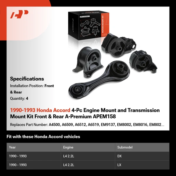 1990-1993 Honda Accord 4-Pc Engine Mount and Transmission Mount Kit Front & Rear A-Premium APEM158