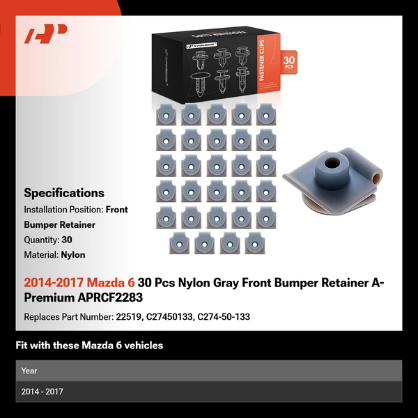 2014-2017 Mazda 6 30 Pcs Nylon Gray Front Bumper Retainer A-Premium APRCF2283