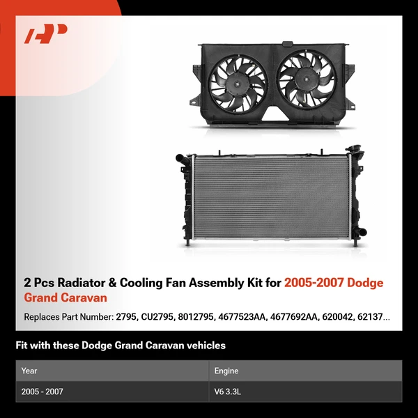 2 Pcs Radiator & Cooling Fan Assembly Kit for 2005-2007 Dodge Grand Caravan