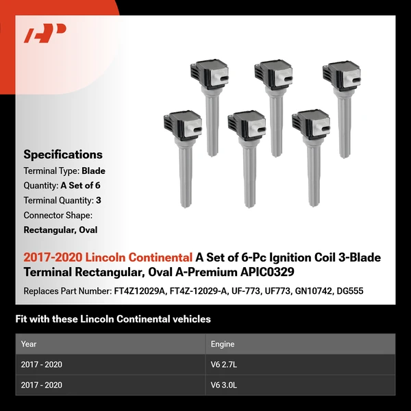2017-2020 Lincoln Continental A Set of 6-Pc Ignition Coil 3-Blade Terminal Rectangular, Oval A-Premium APIC0329