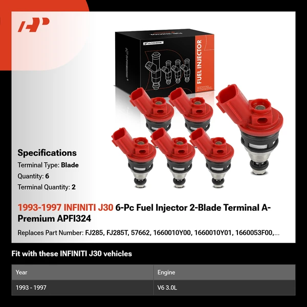 1993-1997 INFINITI J30 6-Pc Fuel Injector 2-Blade Terminal A-Premium APFI324