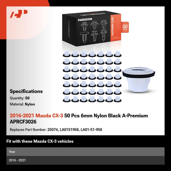 2016-2021 Mazda CX-3 50 Pcs 6mm Nylon Black A-Premium APRCF3026