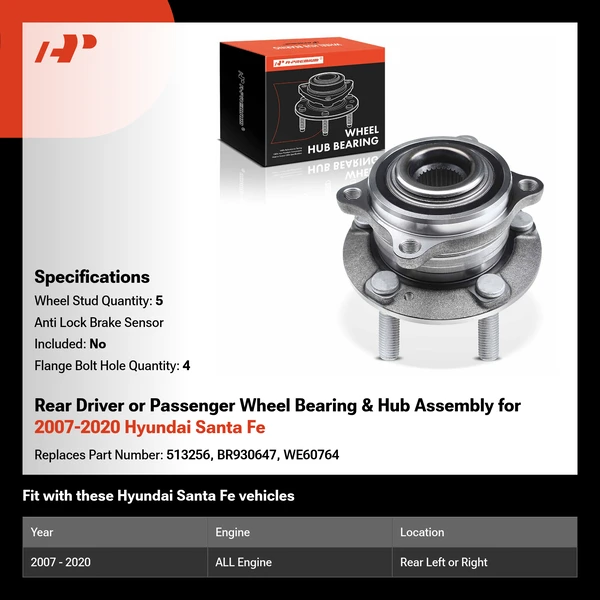 Rear Driver or Passenger Wheel Bearing & Hub Assembly for 2007-2020 Hyundai Santa Fe
