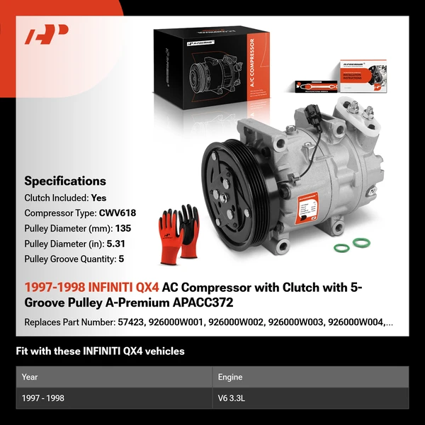 1997-1998 INFINITI QX4 AC Compressor with Clutch with 5-Groove Pulley A-Premium APACC372