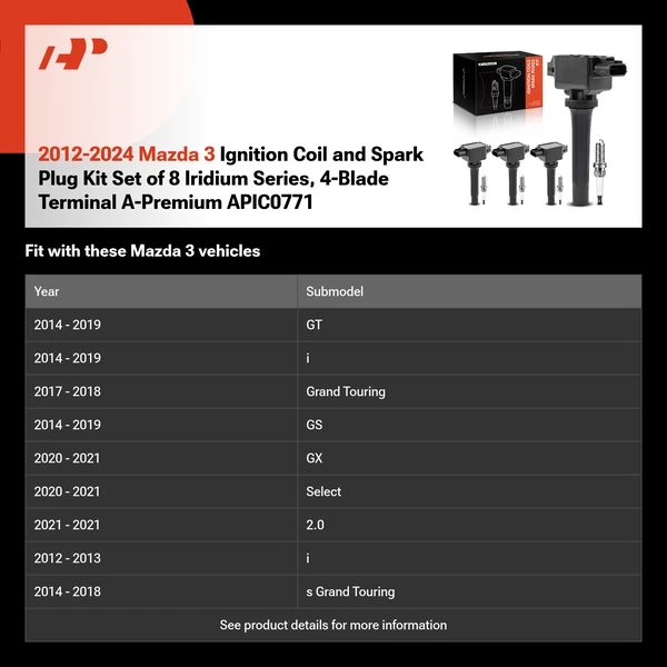 2012-2024 Mazda 3 Ignition Coil and Spark Plug Kit Set of 8 Iridium Series, 4-Blade Terminal A-Premium APIC0771