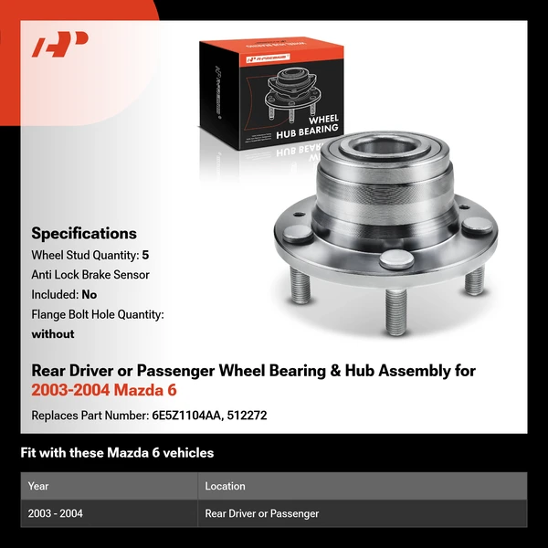 Rear Driver or Passenger Wheel Bearing & Hub Assembly for 2003-2004 Mazda 6