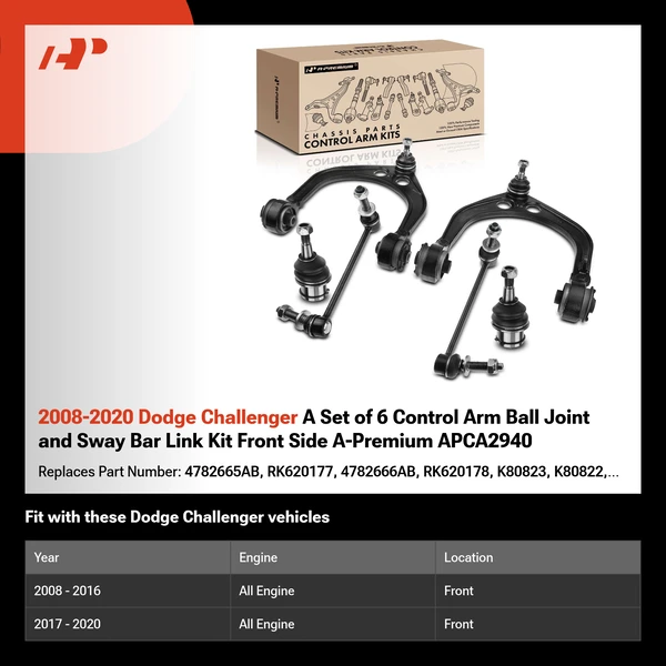2008-2020 Dodge Challenger A Set of 6 Control Arm Ball Joint and Sway Bar Link Kit Front Side A-Premium APCA2940