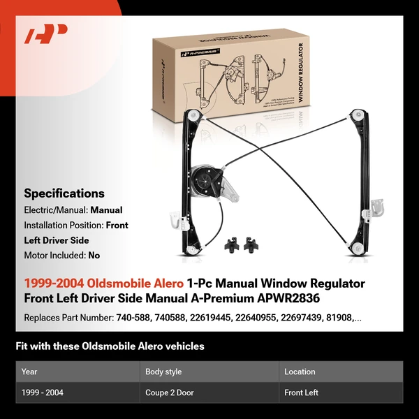 1999-2004 Oldsmobile Alero 1-Pc Manual Window Regulator Front Left Driver Side Manual A-Premium APWR2836