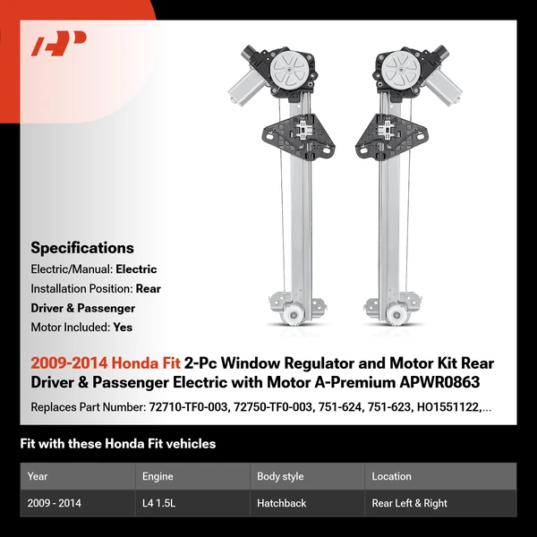 2009-2014 Honda Fit 2-Pc Window Regulator and Motor Kit Rear Driver & Passenger Electric with Motor A-Premium APWR0863