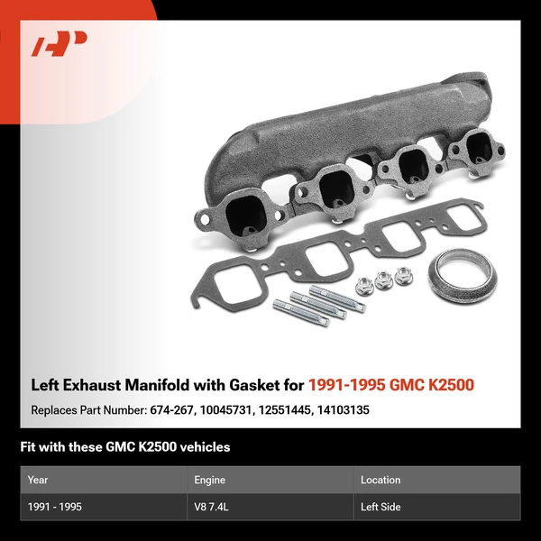 Left Exhaust Manifold with Gasket for 1991-1995 GMC K2500