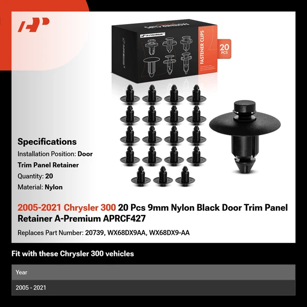 2005-2021 Chrysler 300 20 Pcs 9mm Nylon Black Door Trim Panel Retainer A-Premium APRCF427