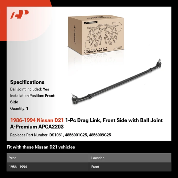 1986-1994 Nissan D21 1-Pc Drag Link, Front Side with Ball Joint A-Premium APCA2203