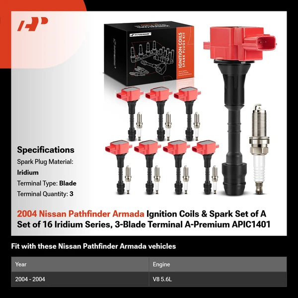 2004 Nissan Pathfinder Armada Ignition Coils & Spark Set of A Set of 16 Iridium Series, 3-Blade Terminal A-Premium APIC1401