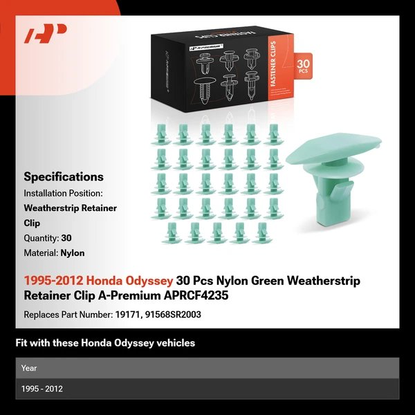 1995-2012 Honda Odyssey 30 Pcs Nylon Green Weatherstrip Retainer Clip A-Premium APRCF4235