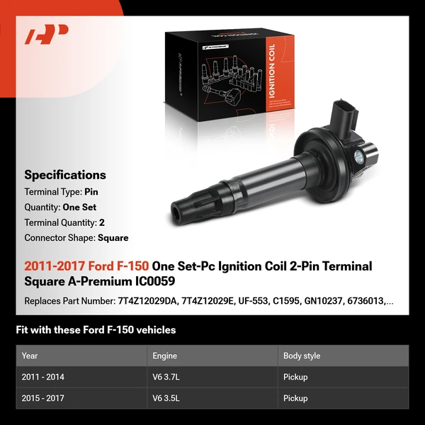 2011-2017 Ford F-150 One Set-Pc Ignition Coil 2-Pin Terminal Square A-Premium IC0059