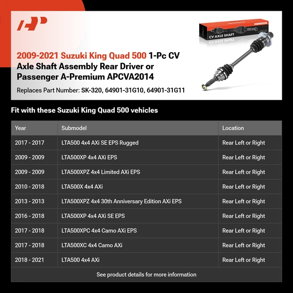 2009-2021 Suzuki King Quad 500 1-Pc CV Axle Shaft Assembly Rear Driver or Passenger A-Premium APCVA2014