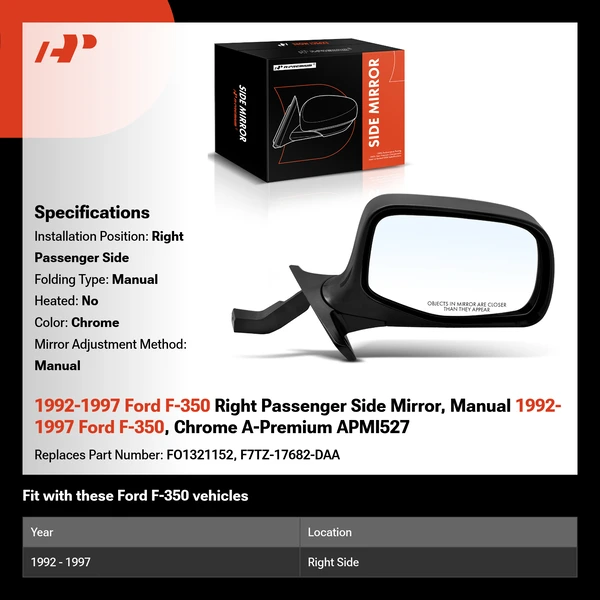 1992-1997 Ford F-350 Right Passenger Side Mirror, Manual 1992-1997 Ford F-350, Chrome A-Premium APMI527