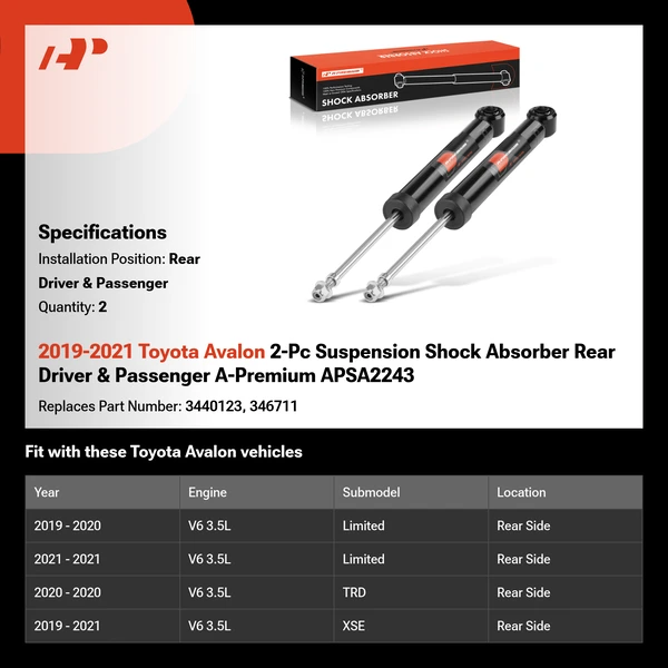 2019-2021 Toyota Avalon 2-Pc Suspension Shock Absorber Rear Driver & Passenger A-Premium APSA2243