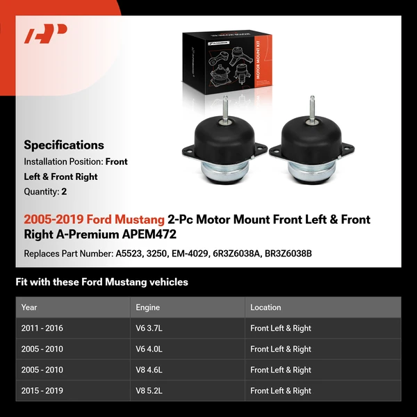 2005-2019 Ford Mustang 2-Pc Motor Mount Front Left & Front Right A-Premium APEM472